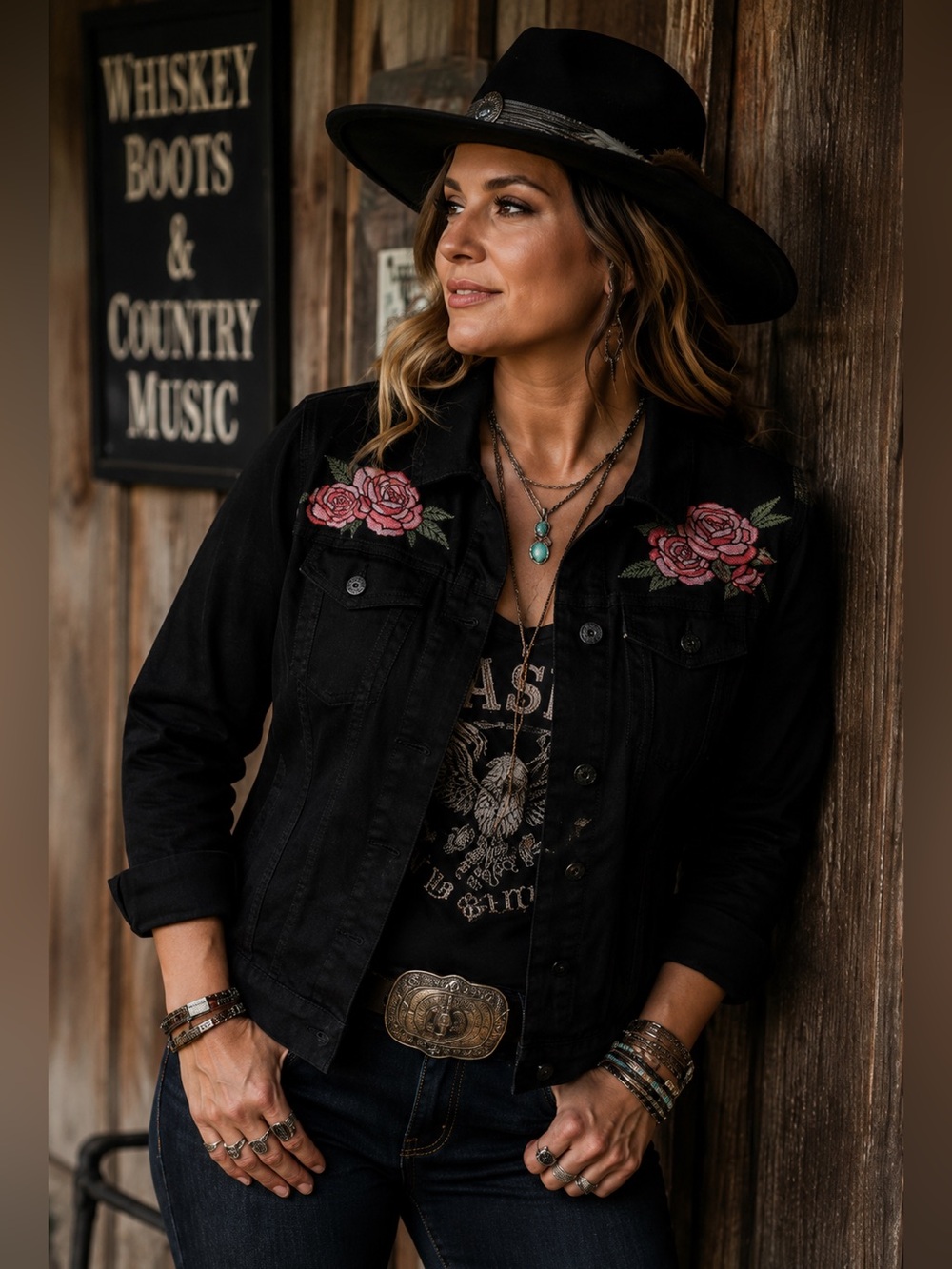 Black Denim Rose Embroidered Jacket | Western Boho Floral Stretch Jean Jacket M